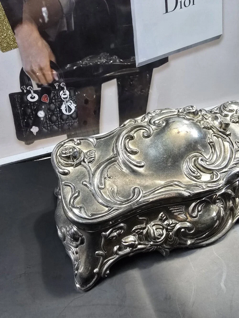 Vintage Art Nouveau Rose Silver Plated Jewelry Casket